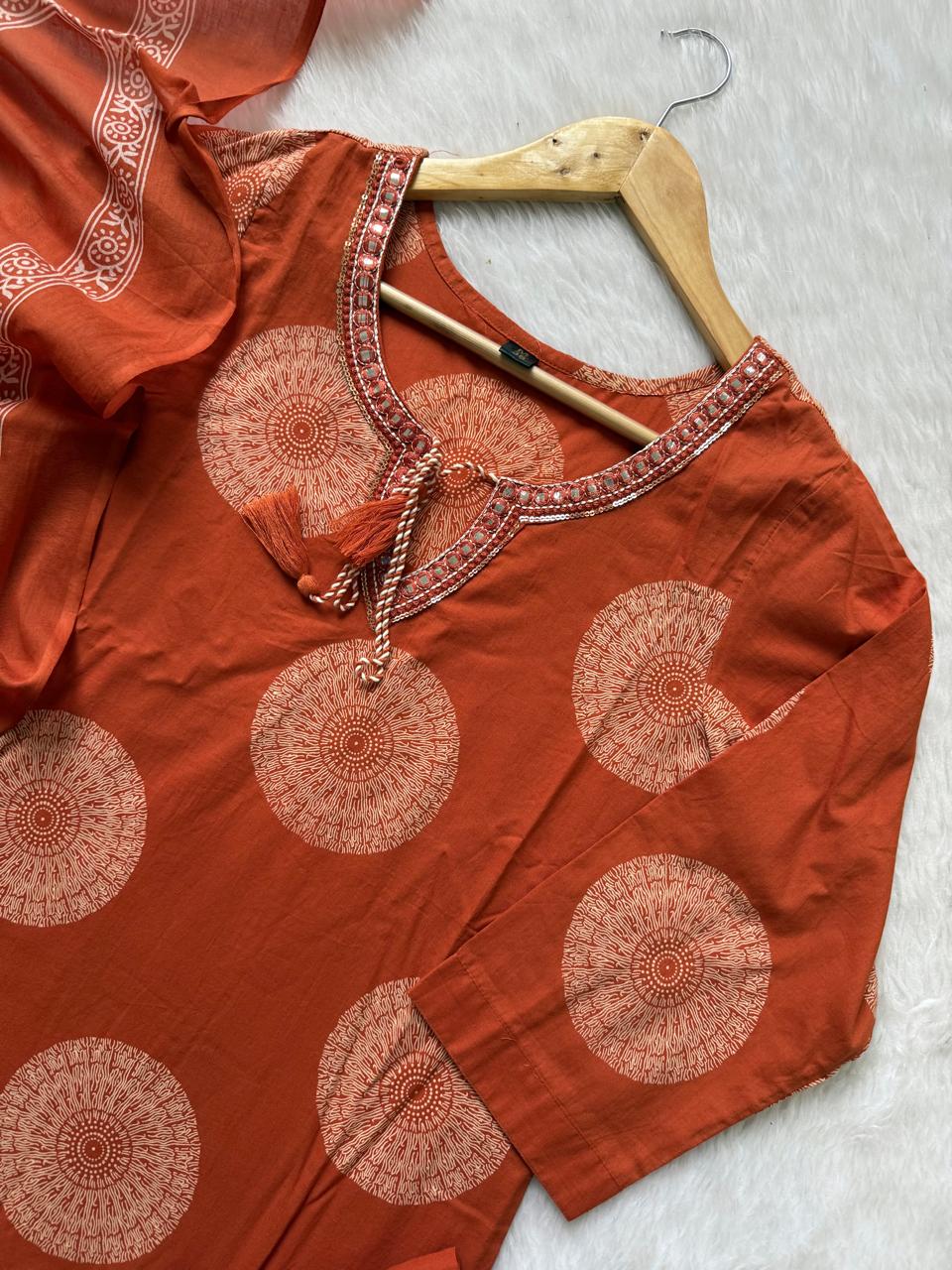 Cotton Printed Kurti Pant & Dupatta Set with Embellished Round Neck - Rust Orange
