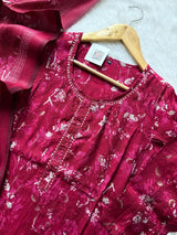 Magenta Premium Muslin Floral Printed Kurti Pant & Dupatta Set