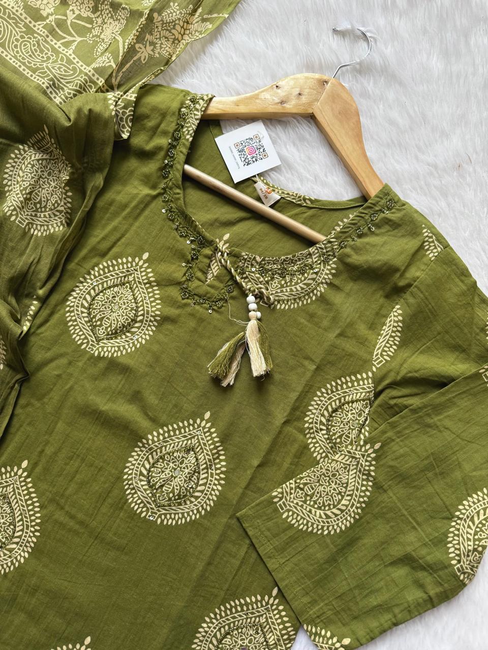 Paisley Printed Kurti Pant & Dupatta Set with Embellished Neck - Olive Green