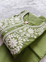 Light Green Cotton Neck Embroidery Co-ord Set