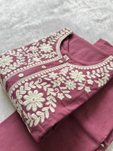 Mauve Cotton Neck Embroidery Co-ord Set