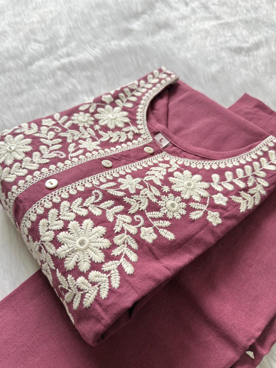Mauve Cotton Neck Embroidery Co-ord Set