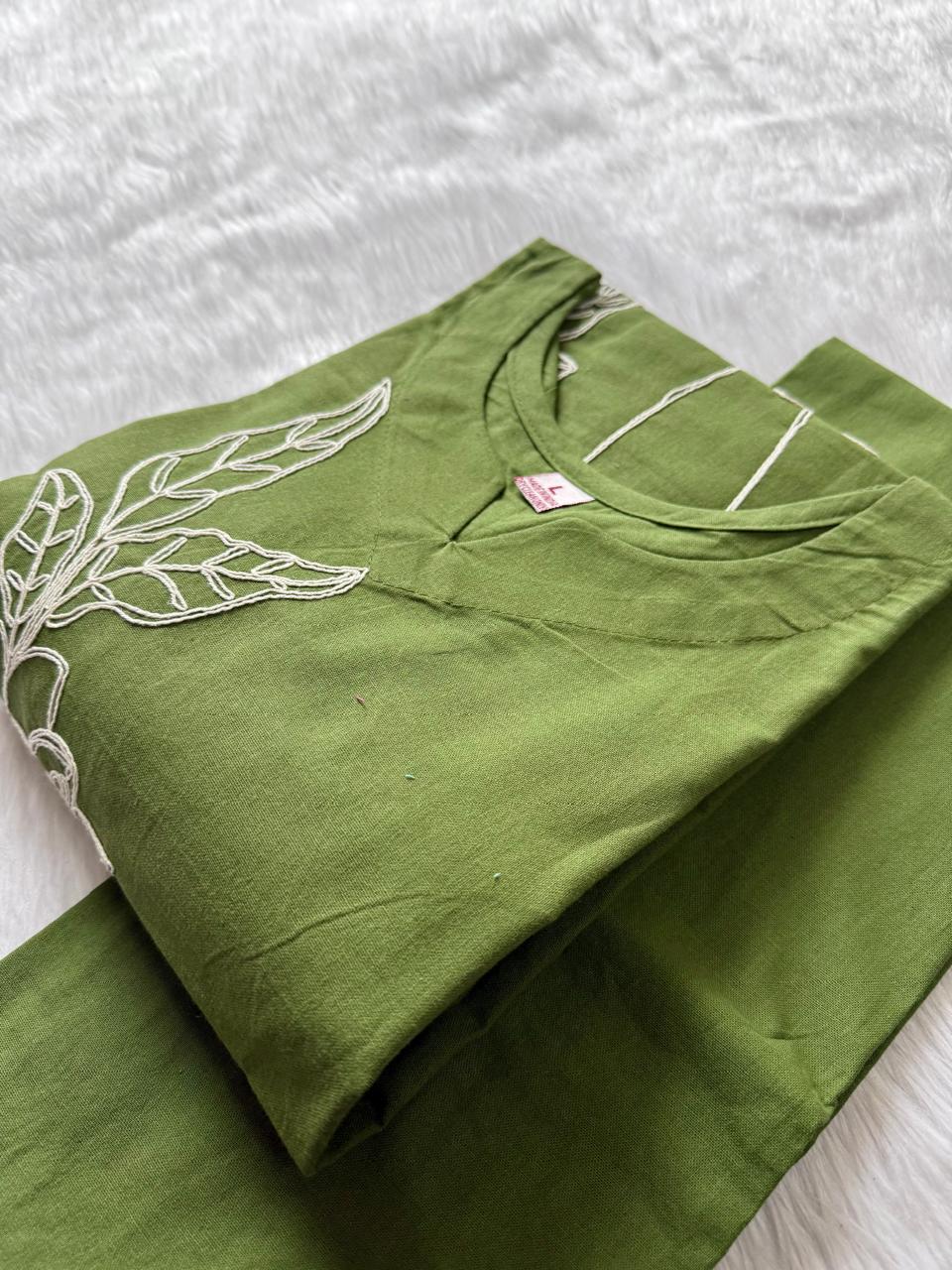 Olive Green Cotton Thread Work Co-ord Set