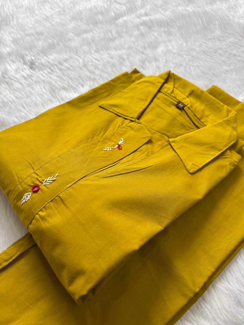Mustard Yellow Cotton Embroidered Sleeveless Collared Kurti with Straight Pant - Cord Set