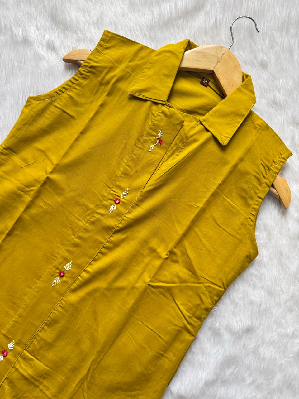 Mustard Yellow Cotton Embroidered Sleeveless Collared Kurti with Straight Pant - Cord Set