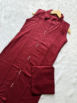 Wine Cotton Embroidered Sleeveless Collared Kurti with Straight Pant - Cord Set