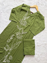 Olive Green Cotton Thread Work Co-ord Set