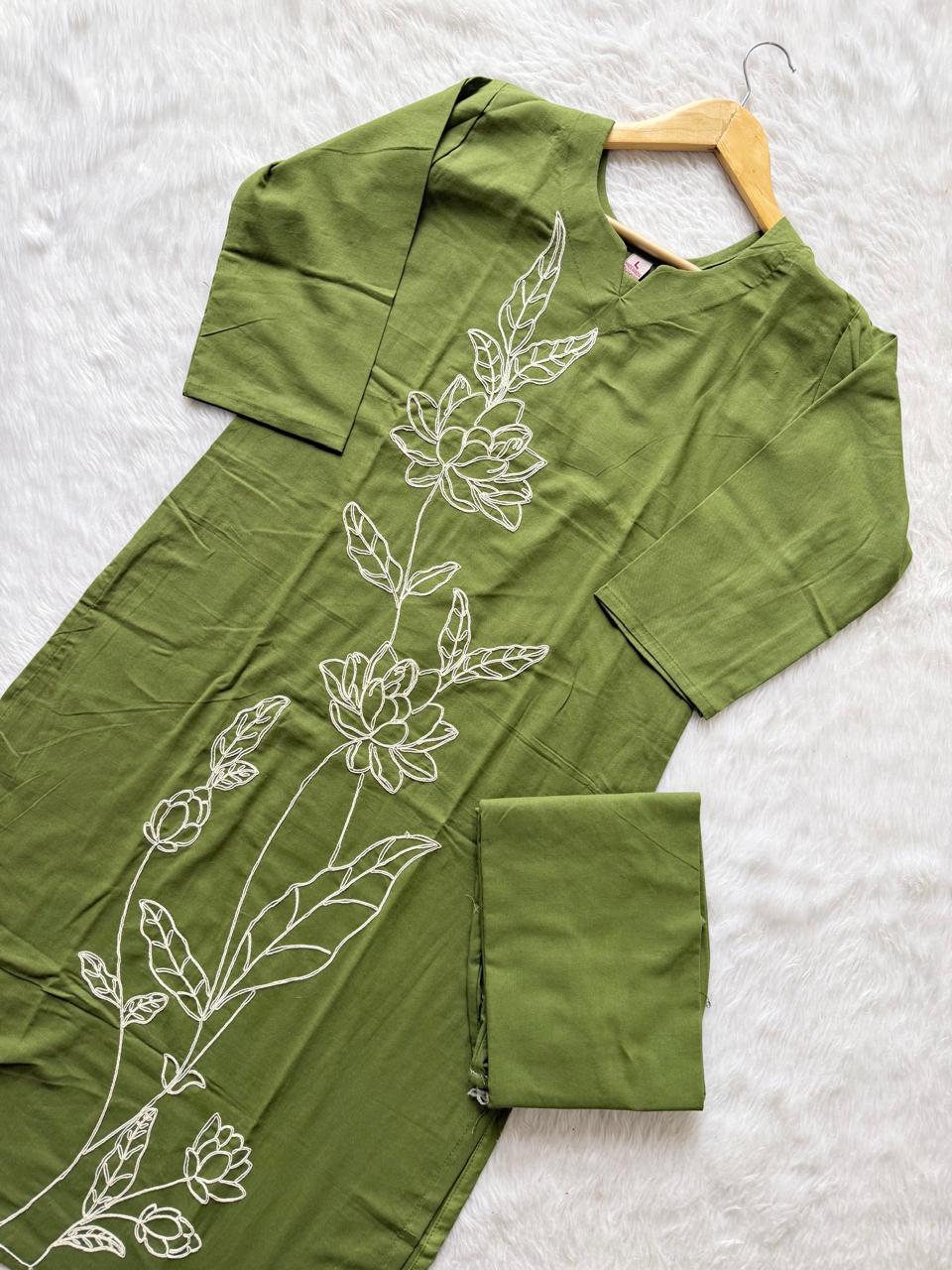 Olive Green Cotton Thread Work Co-ord Set