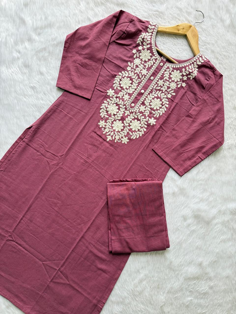 Mauve Cotton Neck Embroidery Co-ord Set