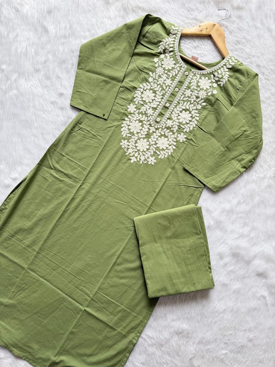 Light Green Cotton Neck Embroidery Co-ord Set