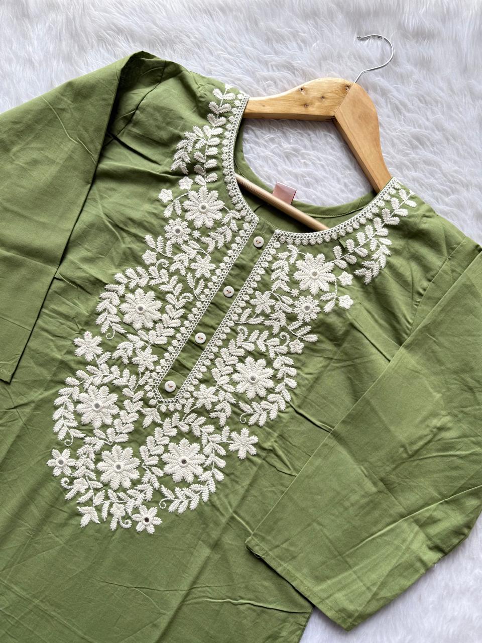 Light Green Cotton Neck Embroidery Co-ord Set