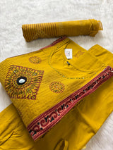 Mustard Yellow Dabu Cotton Kurti Pant Dupatta Set