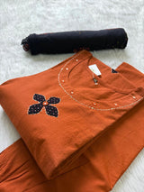 Rust Orange Appliqué Work Cotton Kurti Pant Dupatta Set