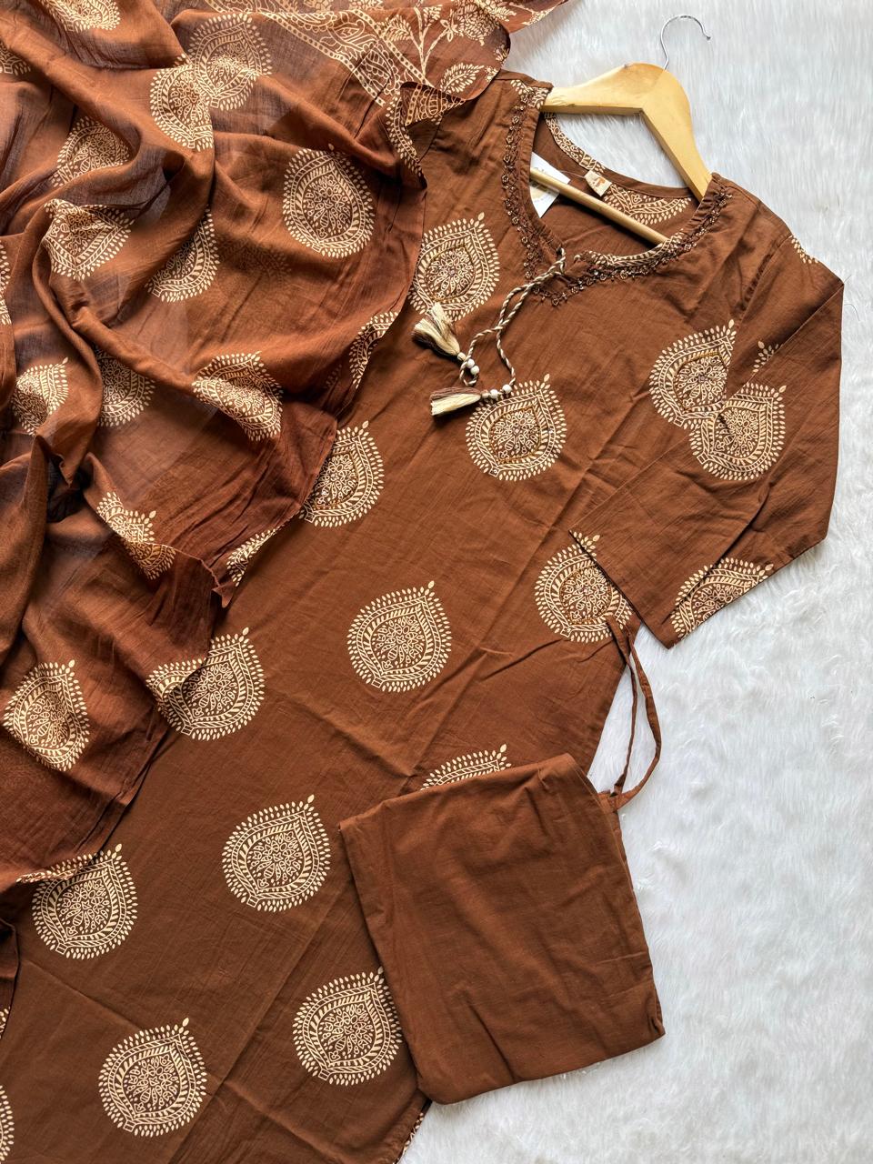 Cotton Brown Printed Cotton Kurti Pant Dupatta Set