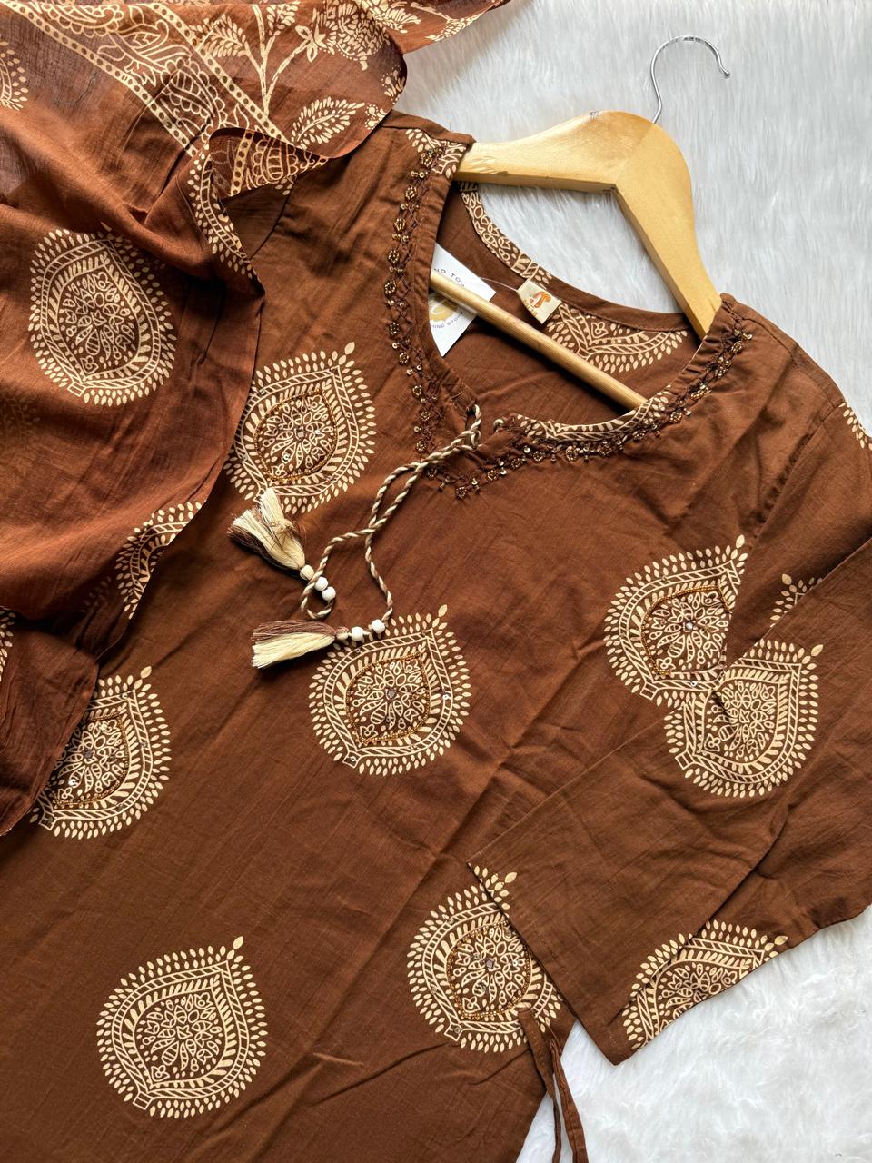 Cotton Brown Printed Cotton Kurti Pant Dupatta Set