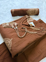 Cotton Brown Printed Cotton Kurti Pant Dupatta Set