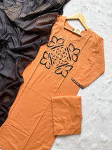 Peach Orange Appliqué Work Cotton Kurti Palazzo Dupatta Set