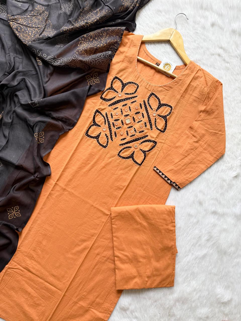 Peach Orange Appliqué Work Cotton Kurti Palazzo Dupatta Set