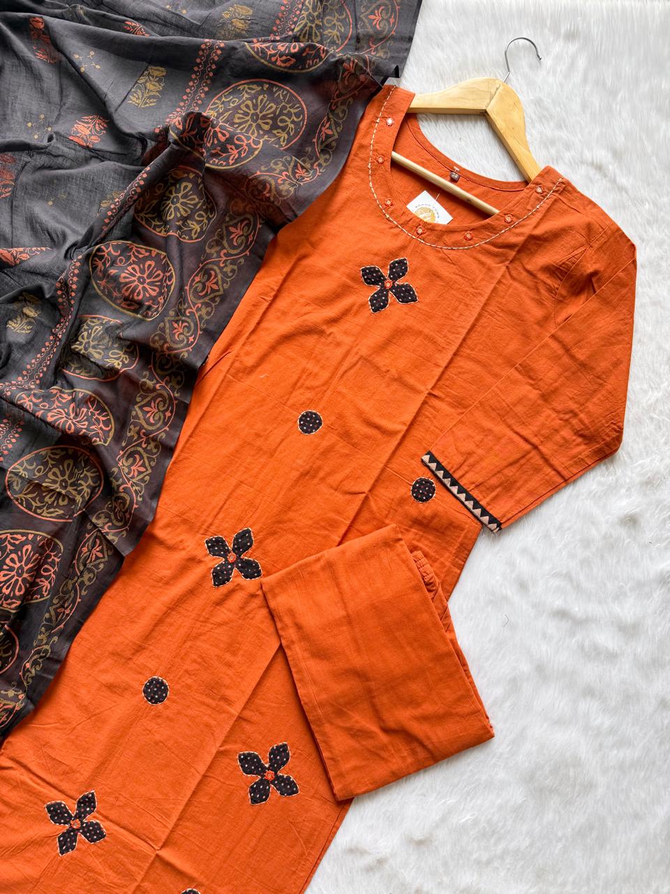 Rust Orange Appliqué Work Cotton Kurti Pant Dupatta Set