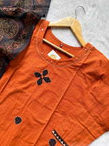 Rust Orange Appliqué Work Cotton Kurti Pant Dupatta Set