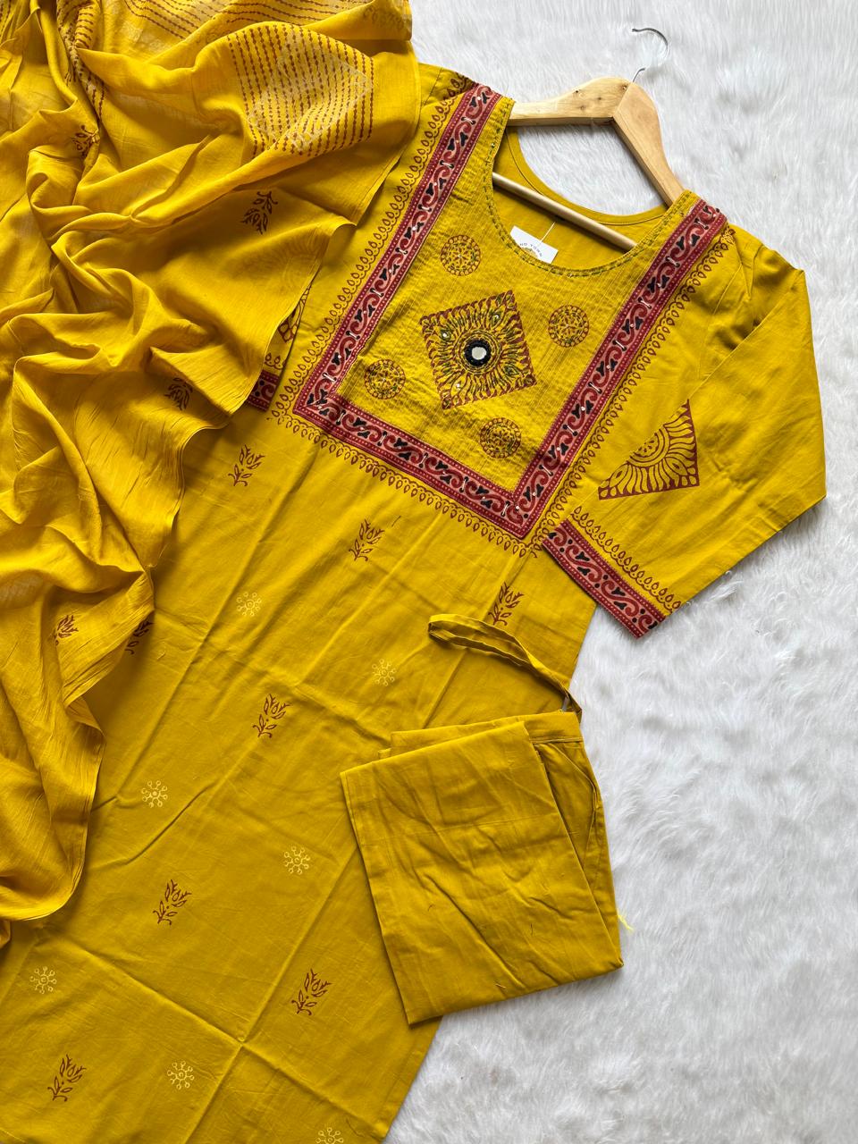 Mustard Yellow Dabu Cotton Kurti Pant Dupatta Set