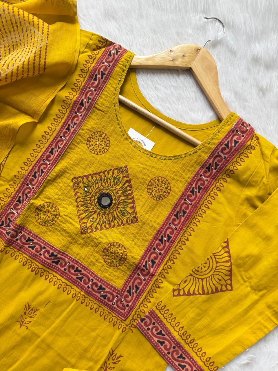Mustard Yellow Dabu Cotton Kurti Pant Dupatta Set