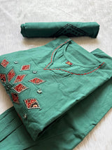 Sea Green Appliqué Work Cotton Kurti Pant Dupatta Set