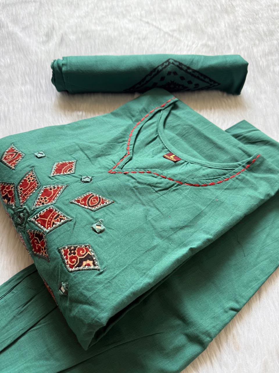 Sea Green Appliqué Work Cotton Kurti Pant Dupatta Set