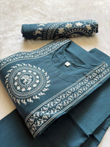 Teal Blue Cotton Kurti Pant Dupatta Set