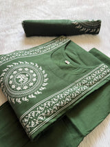 Olive Green Round Neck Elephant Motif Printed Cotton Kurti Pant Dupatta Set