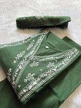 Forest Green V-Neck Floral Border Printed Cotton Kurti Pant Dupatta Set