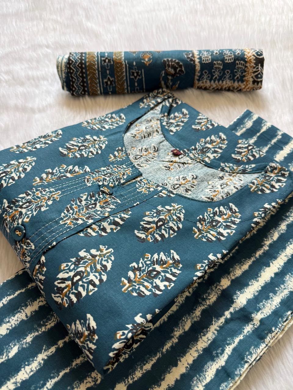 Teal Blue Round Notch Neck Floral Printed Cotton Kurti Pant Dupatta Set