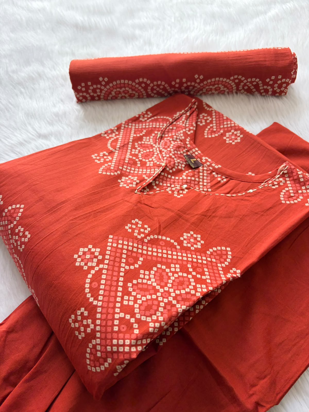 Bandhani Printed Cotton Kurti Pant Dupatta Set - Orange