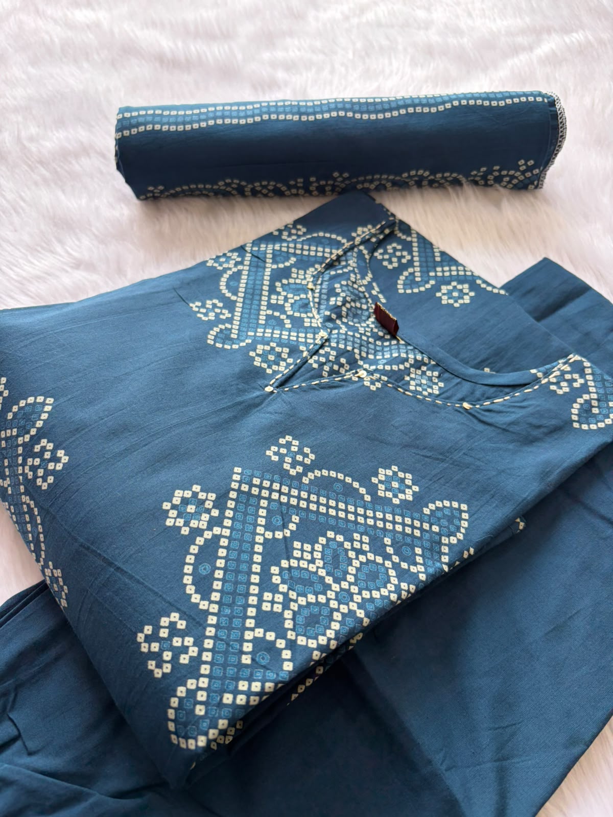 Bandhani Printed Cotton Kurti Pant Dupatta Set - Blue