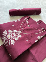 Wine Floral Printed Cotton Kurti Pant Dupatta Set