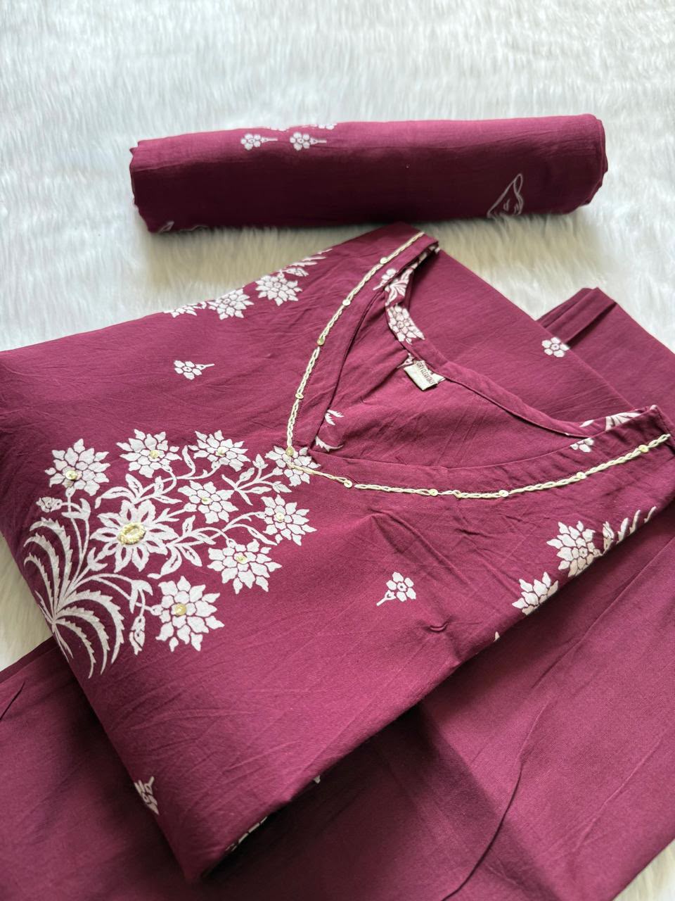 Wine Floral Printed Cotton Kurti Pant Dupatta Set
