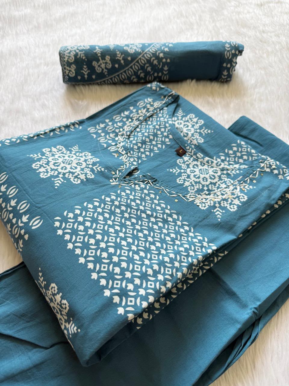 Cotton Steel Blue Printed Cotton Kurti Pant Dupatta Set