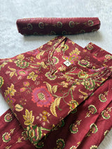 Round Neck Floral Printed Cotton Kurti Pant Dupatta Set - Maroon