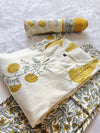 Off White & Mustard Yellow Round Notch Neck Floral Printed Cotton Kurti Pant Dupatta Set