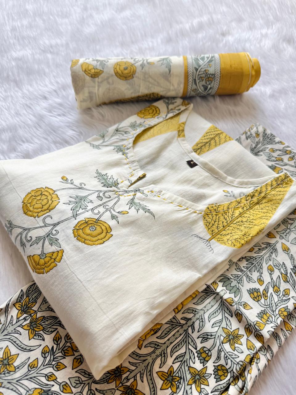 Off White & Mustard Yellow Round Notch Neck Floral Printed Cotton Kurti Pant Dupatta Set