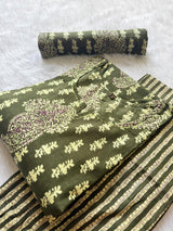 Olive Green Round Notch Neck Paisley Printed Cotton Kurti Pant Dupatta Set