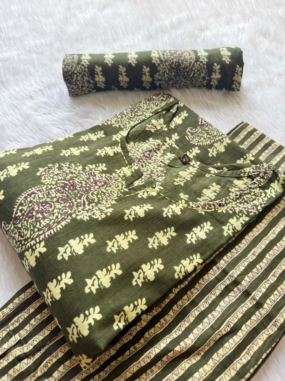Olive Green Round Notch Neck Paisley Printed Cotton Kurti Pant Dupatta Set