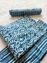 Sky Blue Round Notch Neck Geometric Printed Cotton Kurti Pant Dupatta Set