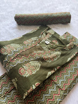 Olive Green Round Neck Floral Printed Cotton Kurti Pant Dupatta Set