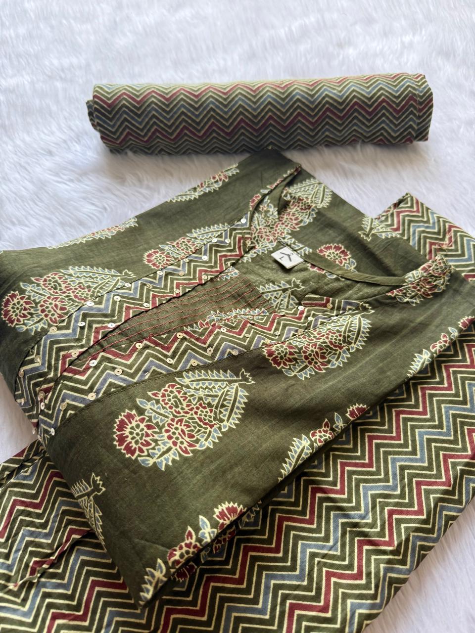 Olive Green Round Neck Floral Printed Cotton Kurti Pant Dupatta Set
