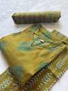 Olive Green Round Notch Neck Leaf Printed Cotton Kurti Pant Dupatta Set