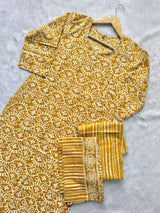 Mustard Yellow Round Notch Neck Geometric Printed Cotton Kurti Pant Dupatta Set