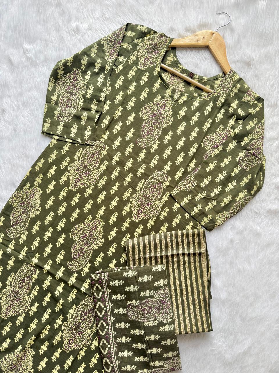 Olive Green Round Notch Neck Paisley Printed Cotton Kurti Pant Dupatta Set