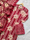 Maroon Round Neck Floral Striped Printed Cotton Kurti Pant Dupatta Set