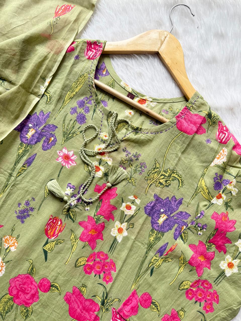 Sage Green Round Neck Floral Printed Cotton Kurti Pant Dupatta Set with Tassel Tie-Up
